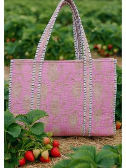 House of Gulab - Pink Handblock Printed Quilted Tote Bag