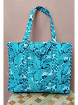 House of Gulab - Blue Handblock Printed Quilted Tote Bag