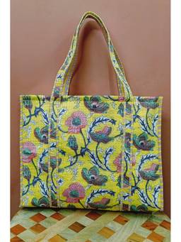House of Gulab - Yellow Handblock Printed Quilted Tote Bag