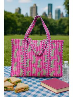 House of Gulab - Pink Handblock Printed Quilted Tote Bag
