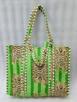 House of Gulab - Green Handblock Printed Quilted Tote Bag
