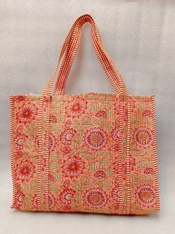 House of Gulab - Beige Handblock Printed Quilted Tote Bag