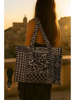 House of Gulab - Black Handblock Printed Quilted Tote Bag