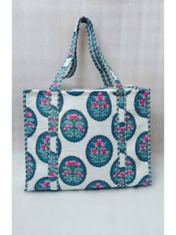 House of Gulab - White Handblock Printed Quilted Tote Bag