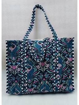 House of Gulab - Blue Handblock Printed Quilted Tote Bag