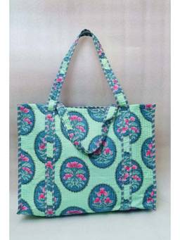 House of Gulab - Green Handblock Printed Quilted Tote Bag