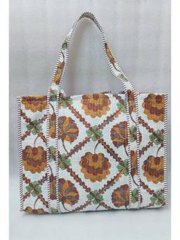 House of Gulab - White Handblock Printed Quilted Tote Bag