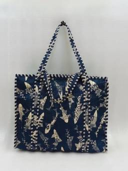 House of Gulab - Blue Handblock Printed Quilted Tote Bag