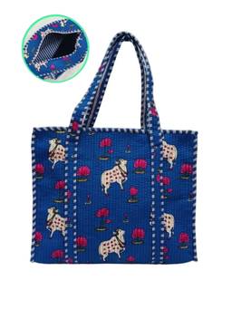 House of Gulab - Blue Handblock Printed Quilted Tote Bag