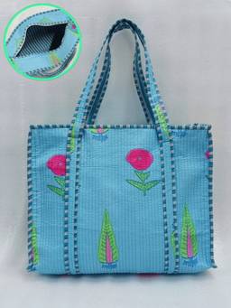 House of Gulab - Blue Handblock Printed Quilted Tote Bag