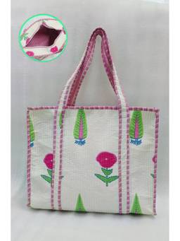House of Gulab - White Handblock Printed Quilted Tote Bag