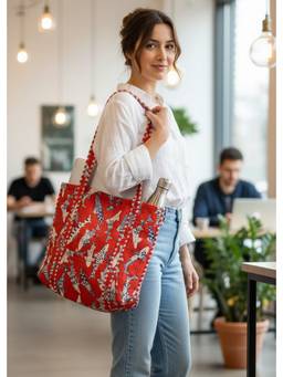 House of Gulab - Red Handblock Printed Quilted Tote Bag