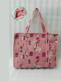 House of Gulab - Pink Handblock Printed Quilted Tote Bag