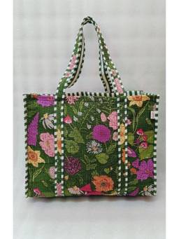 House of Gulab - Green Handblock Printed Quilted Tote Bag