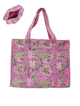 House of Gulab - Pink Handblock Printed Quilted Tote Bag