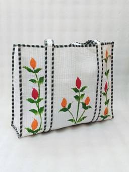 House of Gulab - White Hand-Painted Floral Tote Bag