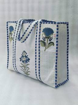 House of Gulab - Blue Classic Block Printed Quilted Tote Bag