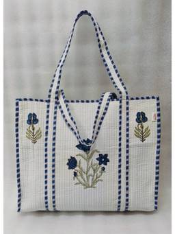 House of Gulab - Blue Classic Block Printed Quilted Tote Bag