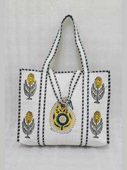 House of Gulab - Green Classic Block Printed Quilted Tote Bag