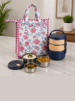 House of Gulab - Pink Handblock Printed Insulated Lunch Bag