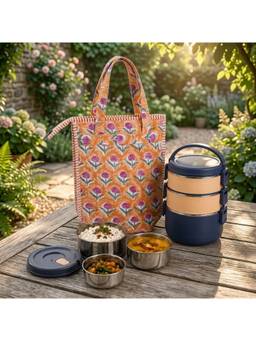 House of Gulab - Orange Handblock Printed Insulated Lunch Bag