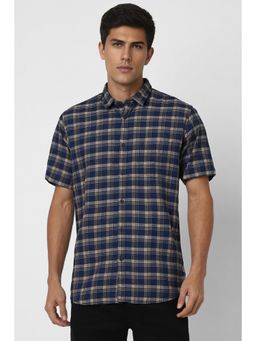 Van Heusen - Men Navy Slim Fit Check Half Sleeves Casual Shirt