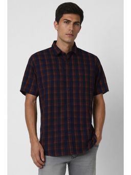 Van Heusen - Men Navy Slim Fit Check Half Sleeves Casual Shirt