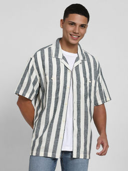 American Eagle - Ae Linen-Blend Striped Button-Up Poolside Casual Shirt