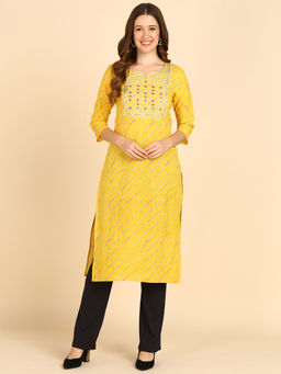 Maaesa - Yellow Womens Cotton Sequins Embroidery Work Bandhej Print Straight Kurti