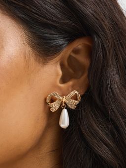 Accessorize London - White Diamante Bow Pearl Drop Earrings