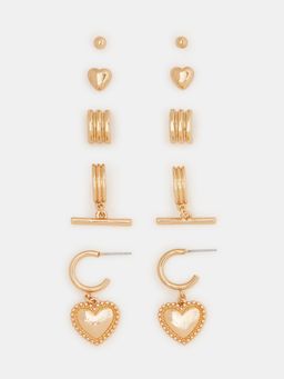 Accessorize London - Gold T-Bar & Heart Hoop Stud Earrings (Pack of 5)
