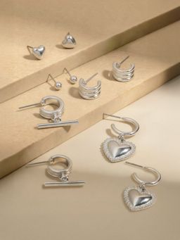 Accessorize London - Silver T-Bar & Heart Hoop Stud Earrings (Pack of 5)