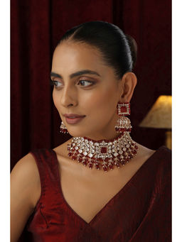 SWABHIMANN - Aakifah Red Polki Choker Necklace Set