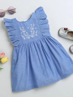 Hopscotch - Girls Blue Floral Embroidered Casual Dress