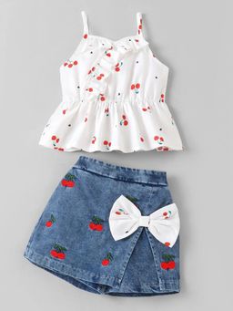 Hopscotch - Cherry Embroidered Denim Top with Shorts