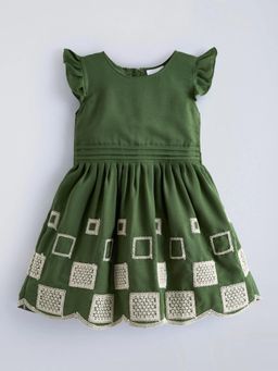 Hopscotch - Green Geometric Lace Angel Sleeves Dress