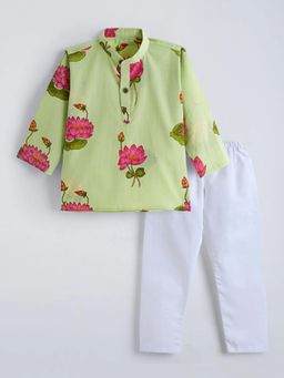 Hopscotch - Green Cotton Floral Kurta and Pajama