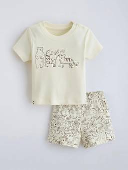 Hopscotch - Beige Cotton Animal T-Shirt with Shorts