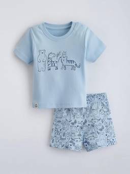 Hopscotch - Blue Cotton Animal T-Shirt with Shorts