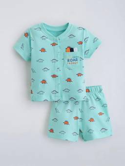 Hopscotch - Green Cotton Dino Shirt with Shorts