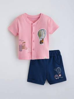 Hopscotch - Pink Cotton Graphic Shirt with Shorts