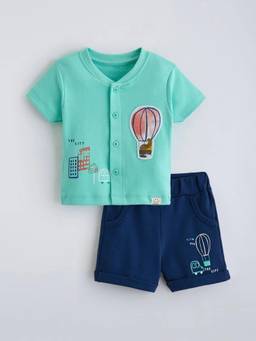 Hopscotch - Green Cotton Graphic Shirt with Shorts