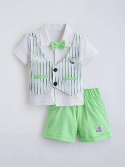 Hopscotch - Green Bow Applique Formal Shirt with Attached Waistcoat & Shorts