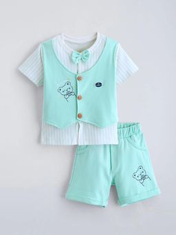 Hopscotch - Aqua Bow Applique Formal Shirt with Attached Waistcoat & Shorts