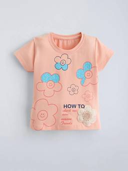 Hopscotch - Peach Floral Applique Cotton T-Shirt