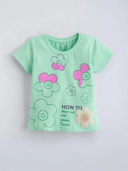 Hopscotch - Green Floral Applique Cotton T-Shirt