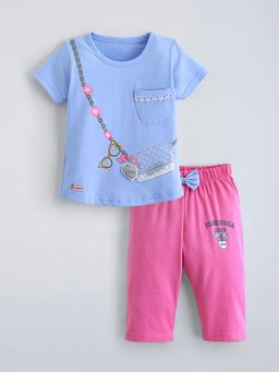 Hopscotch - Blue Cotton Graphic T-Shirt with Pant