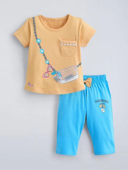 Hopscotch - Orange Cotton Graphic T-Shirt with Pant