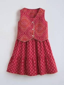 Hopscotch - Red Bandhani Cotton Casual Dress with Jacket
