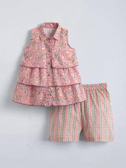 Hopscotch - Peach Cotton Floral Top with Shorts